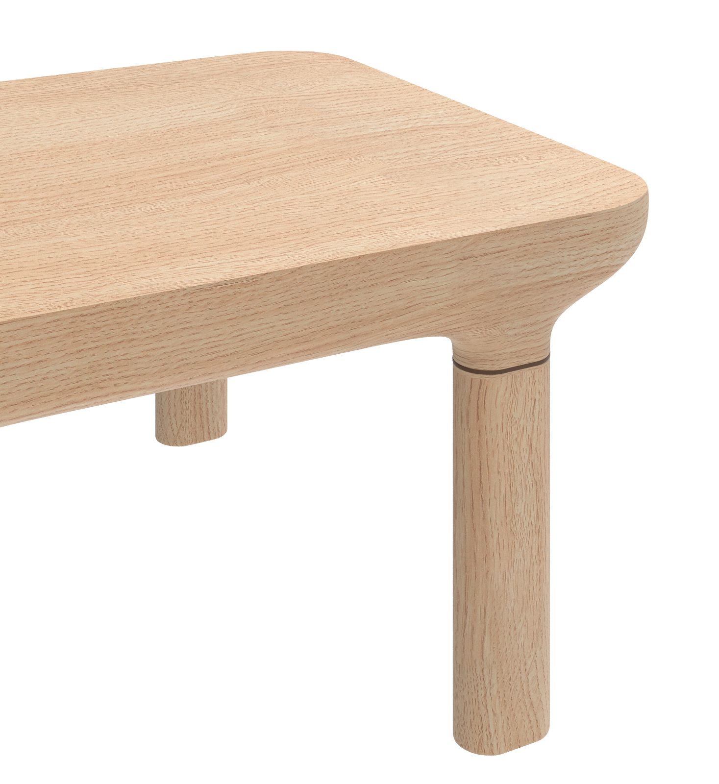 Detailaufnahme des Hartô Couchtischs Camille aus hellem Holz mit abgerundeten Ecken und Beinen.