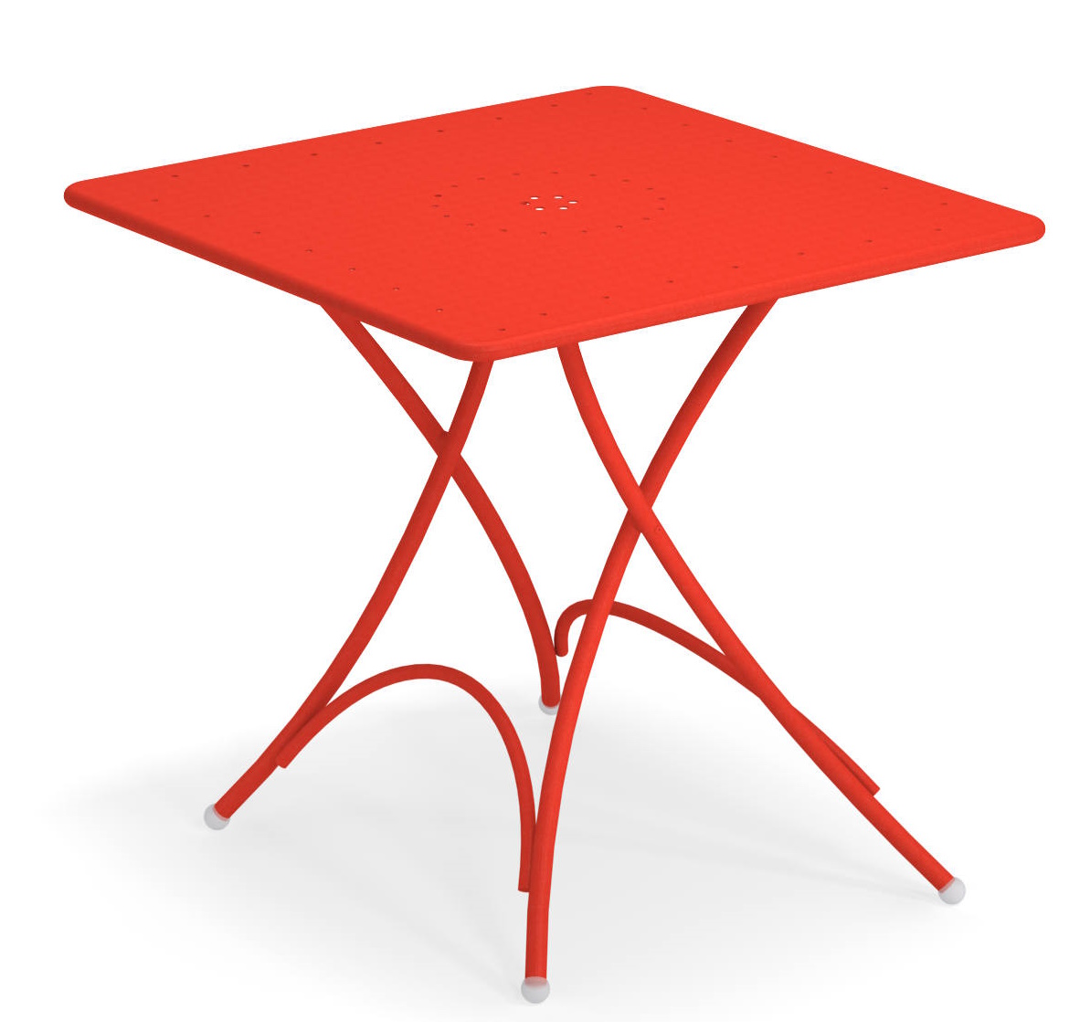 Roter Pigalle Klapptisch von Emu für den Outdoor-Bereich, quadratische Tischplatte und filigranes Gestell.