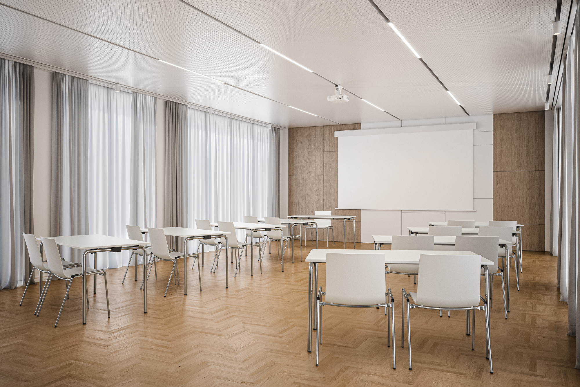 Heller Konferenzraum mit vielen Thonet Klapptischen und Stühlen für Schulungen und Seminare.