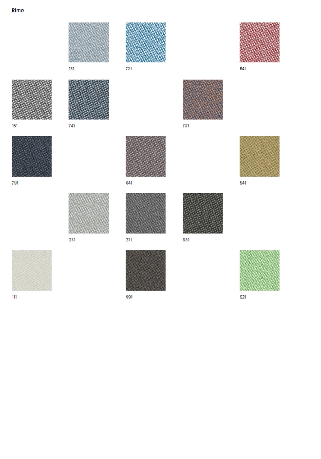 Stoffmusterkarte Rime von Kvadrat mit verschiedenen Farben und Texturen für Möbelstoffe und Polsterstoffe.