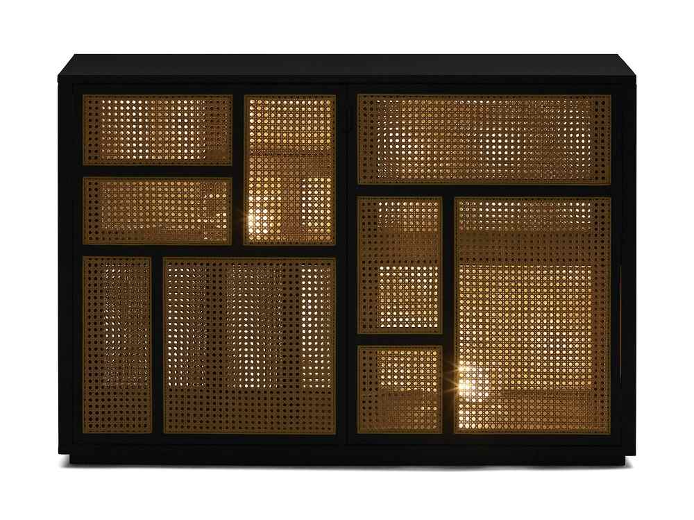 Schwarzes Air Sideboard von Design House Stockholm mit Wiener Geflecht Fronten und Eiche.
