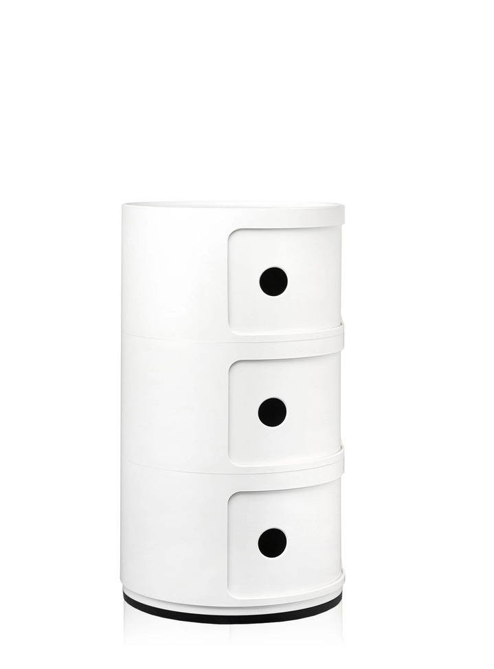 Weißes Componibili 3er Element von Kartell, runder Nachttisch mit drei Schubladen.