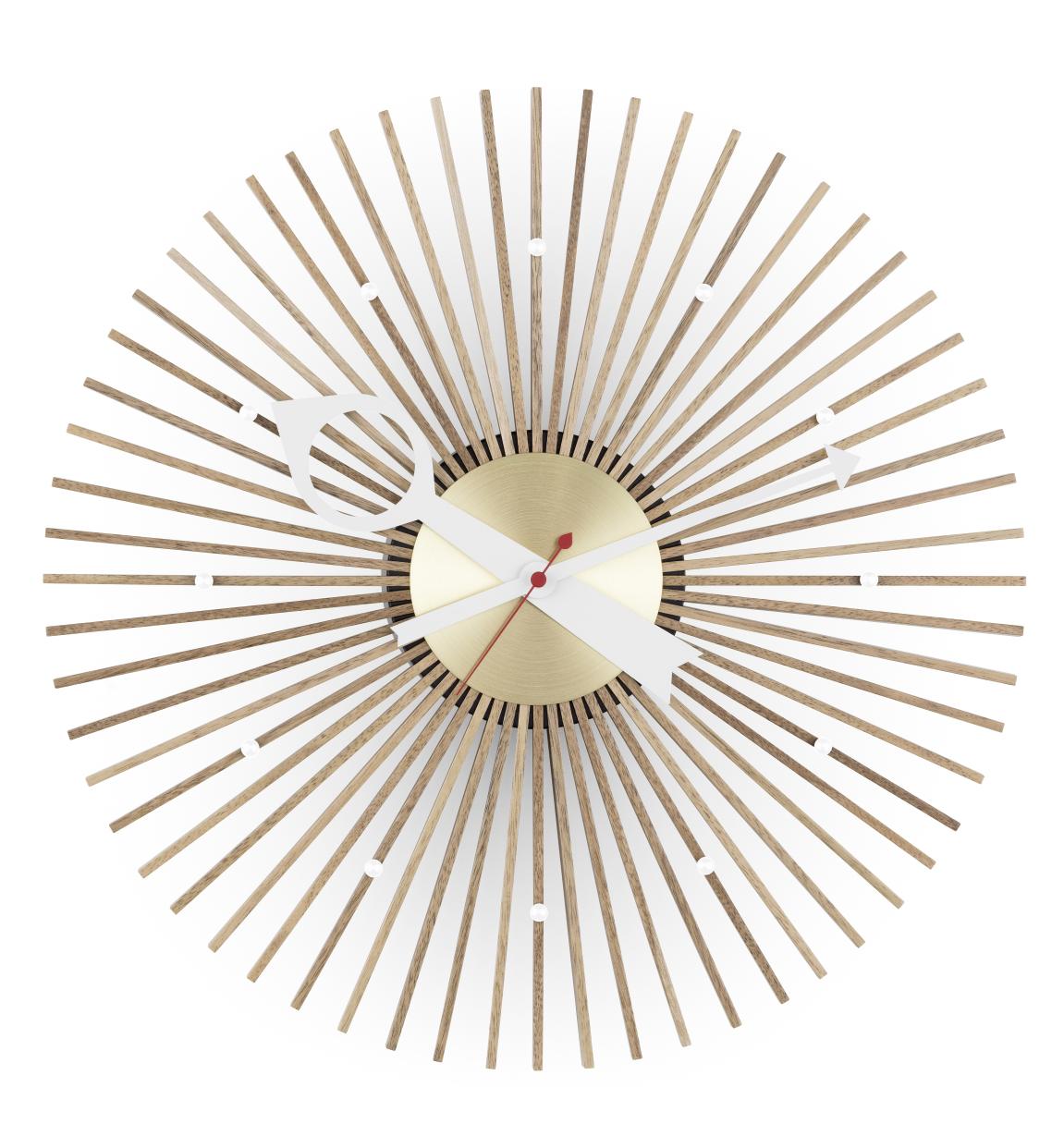 Popsicle Clock Wanduhr von Vitra: Design Wanduhr mit Holzstäben und goldenem Zifferblatt.