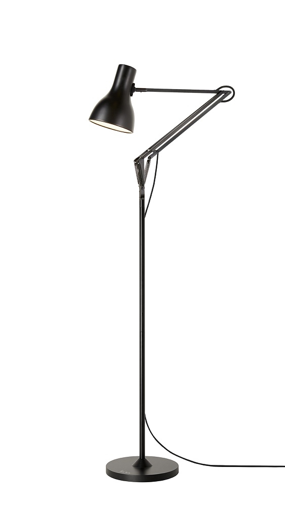 Schwarze Type 75 Anglepoise Stehleuchte mit verstellbarem Arm und Lampenschirm für Wohnzimmer und Büro.