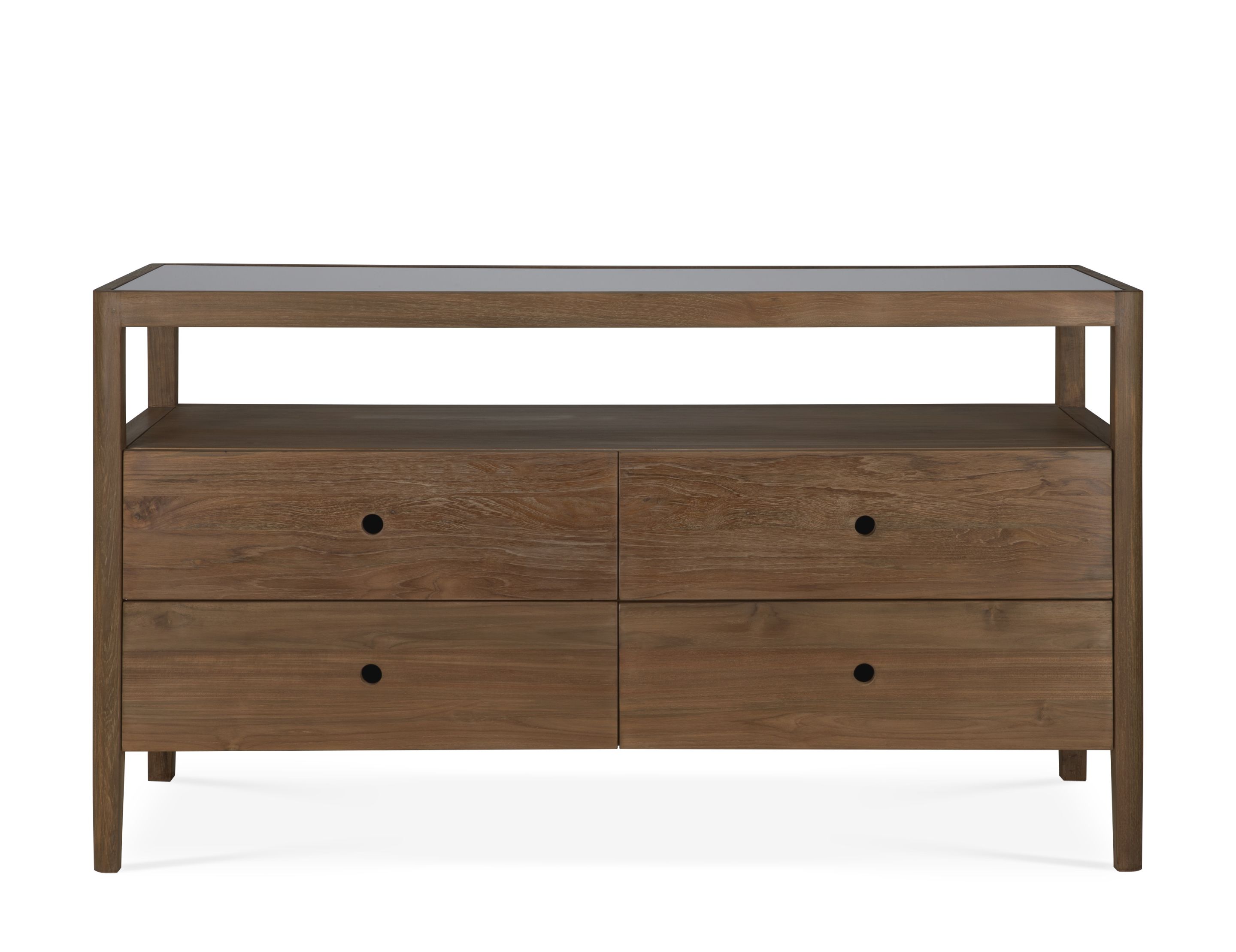 Ethnicraft Spindle Kommode aus Teakholz mit vier Schubladen und Ablagefläche.