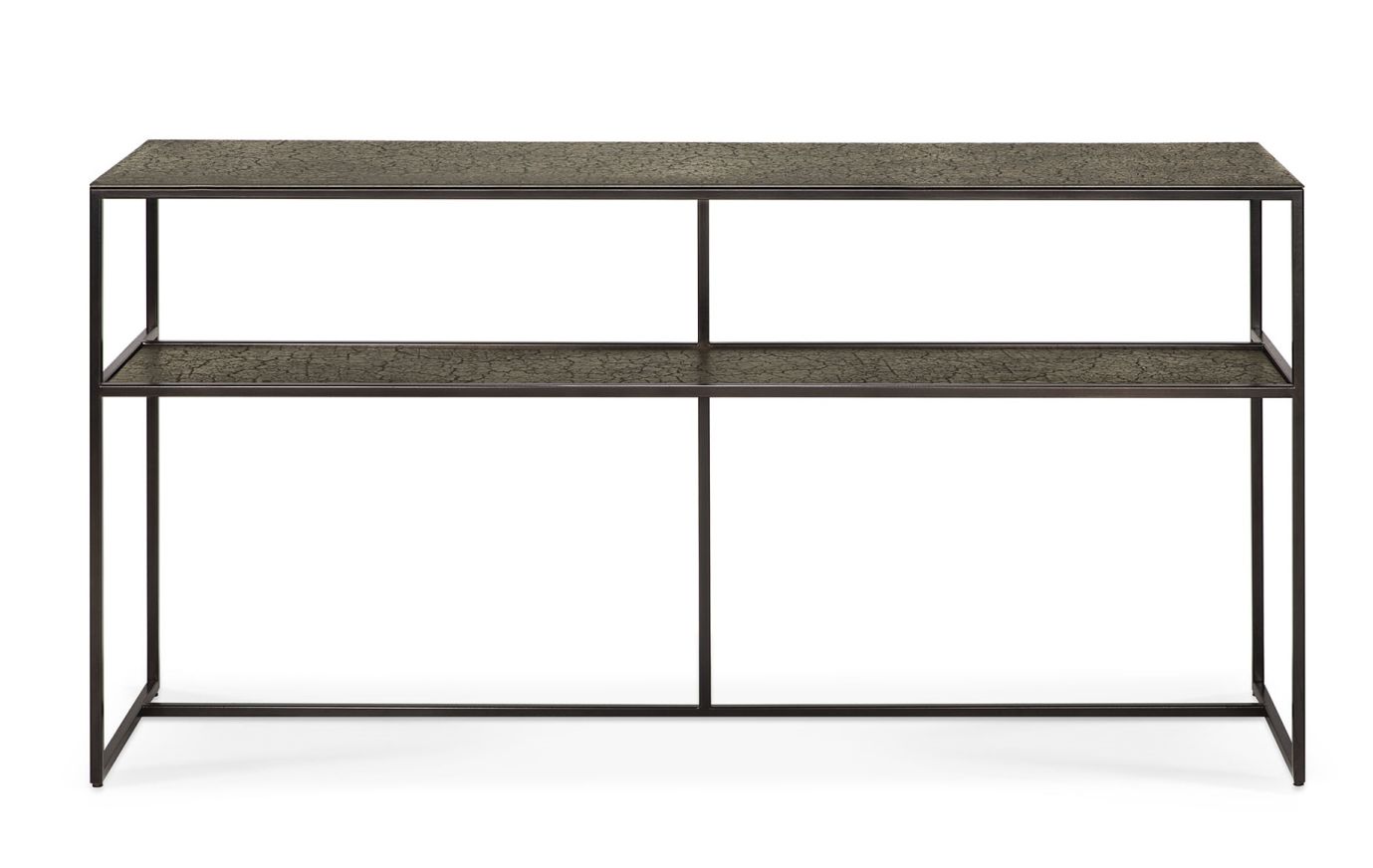 Pentagon Konsole von Ethnicraft in Lava/Whisky: Moderne Konsole mit zwei Ablageflächen und filigranem Metallgestell.