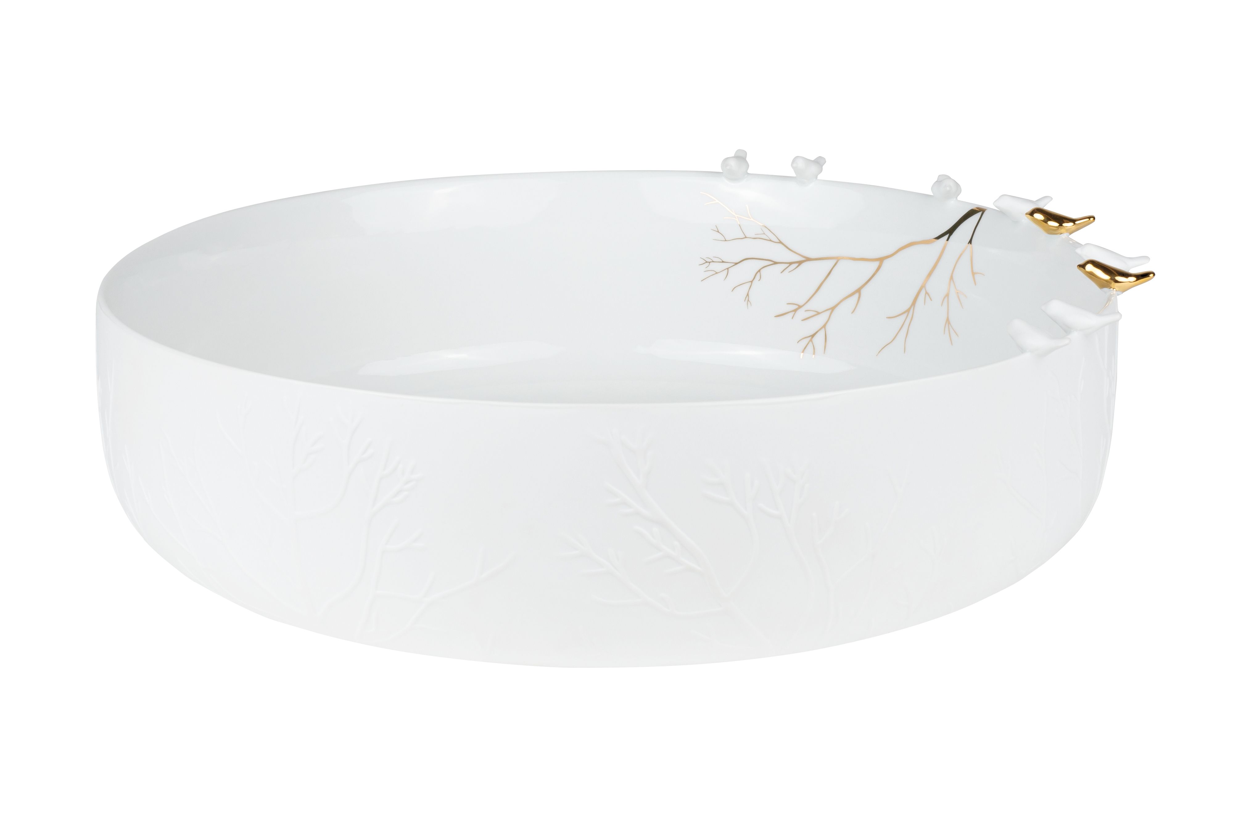 Weiße Porzellanschale mit Vogelschwarm-Dekor und goldenen Akzenten, Räder Porzellangeschichten.