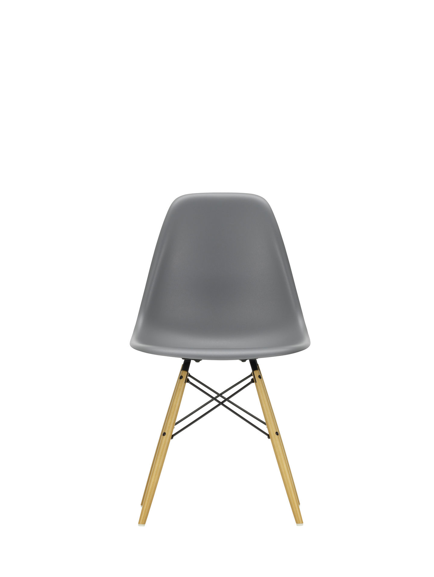 Eames Plastic Chair DSW, hellgraue Sitzschale, Ahorn-Holzbeine. Designklassiker für Esszimmer und Büro.