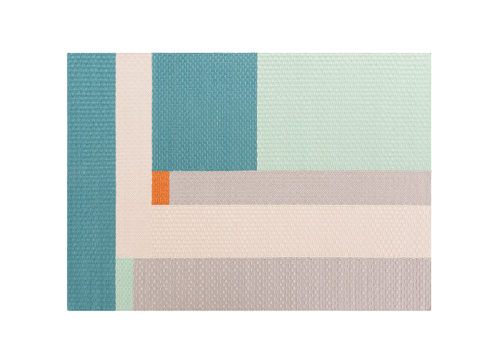 Quadratischer Weave Rug Teppich Meeting Point Gan mit geometrischem Muster in Türkis, Grün, Beige und Grau.