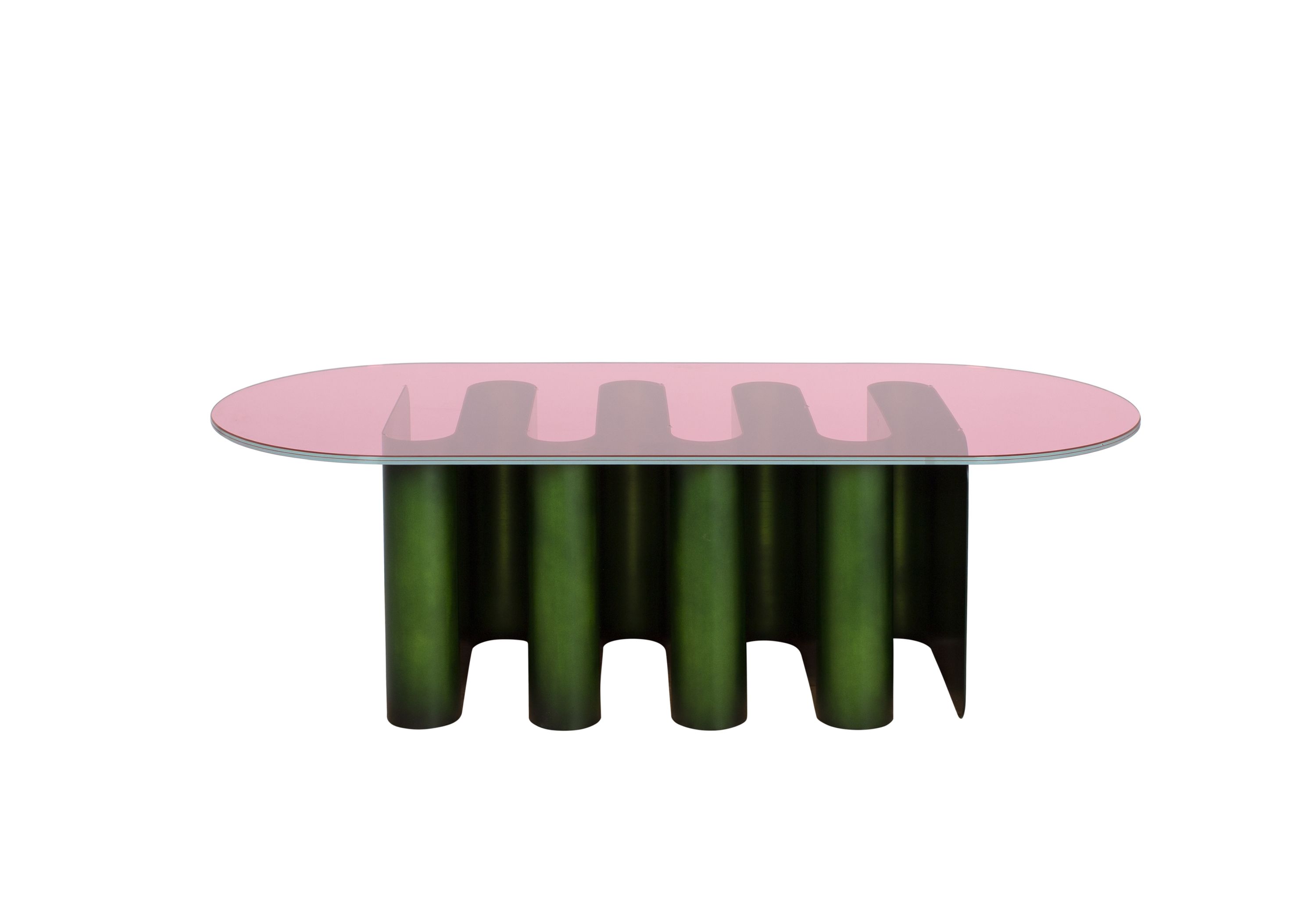 Tavolino2 Beistelltisch von Pulpo mit rosa Glasplatte und grünem, zylinderförmigem Untergestell für modernes Wohnambiente.