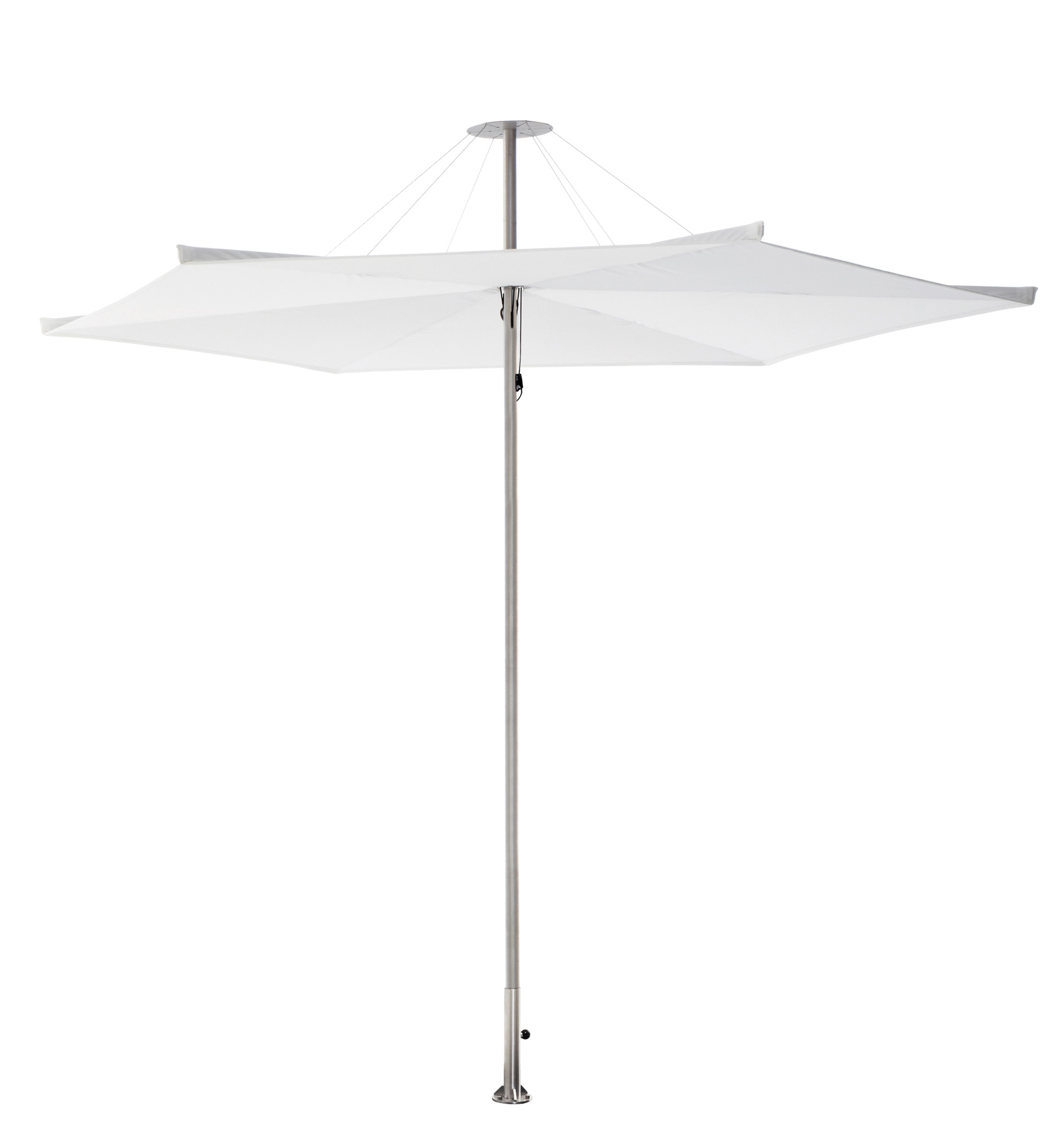 Weißer Inumbrina Sonnenschirm von Extremis mit quadratischem Schirm und silberfarbenem Gestell. Hochwertiger Sonnenschutz für Garten und Terrasse.