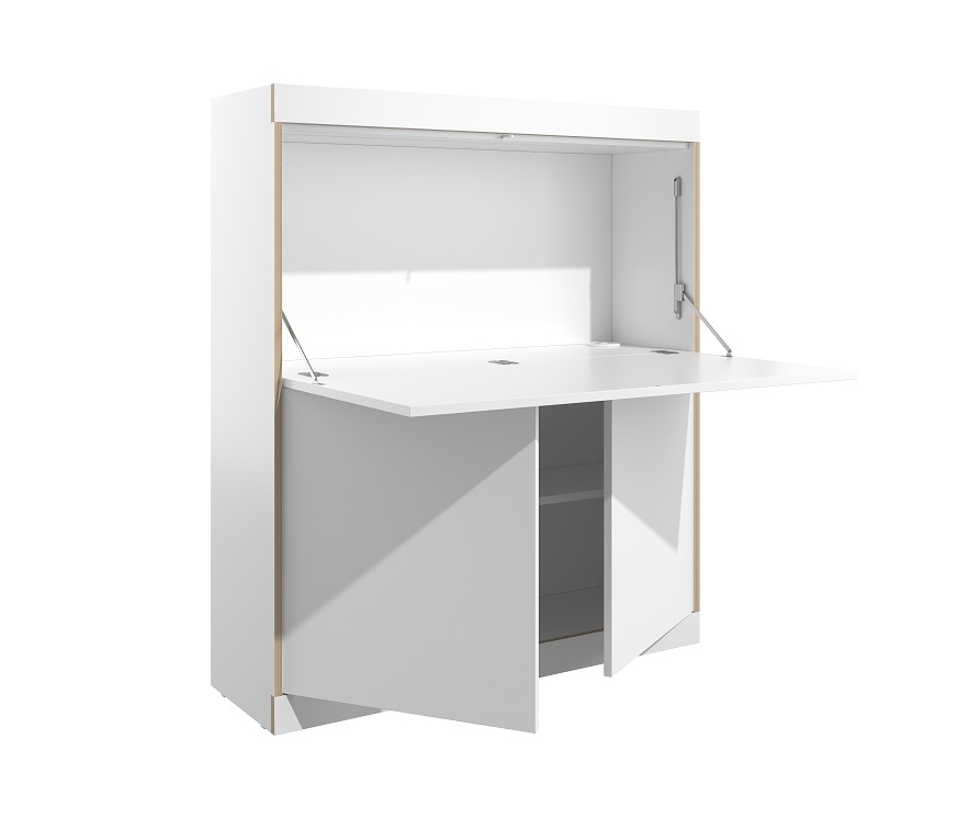 Weißer FLAI Sekretär von Müller Möbelwerkstätten mit ausgeklappter Arbeitsfläche und Stauraum.