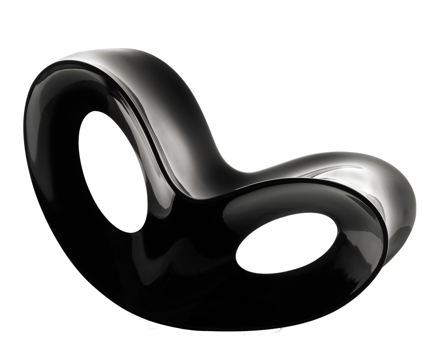 Schwarzer VOIDO Schaukelstuhl von Magis, modernes Designmöbel für Wohnzimmer und Kinderzimmer, Kunststoffstuhl mit glänzender Oberfläche.