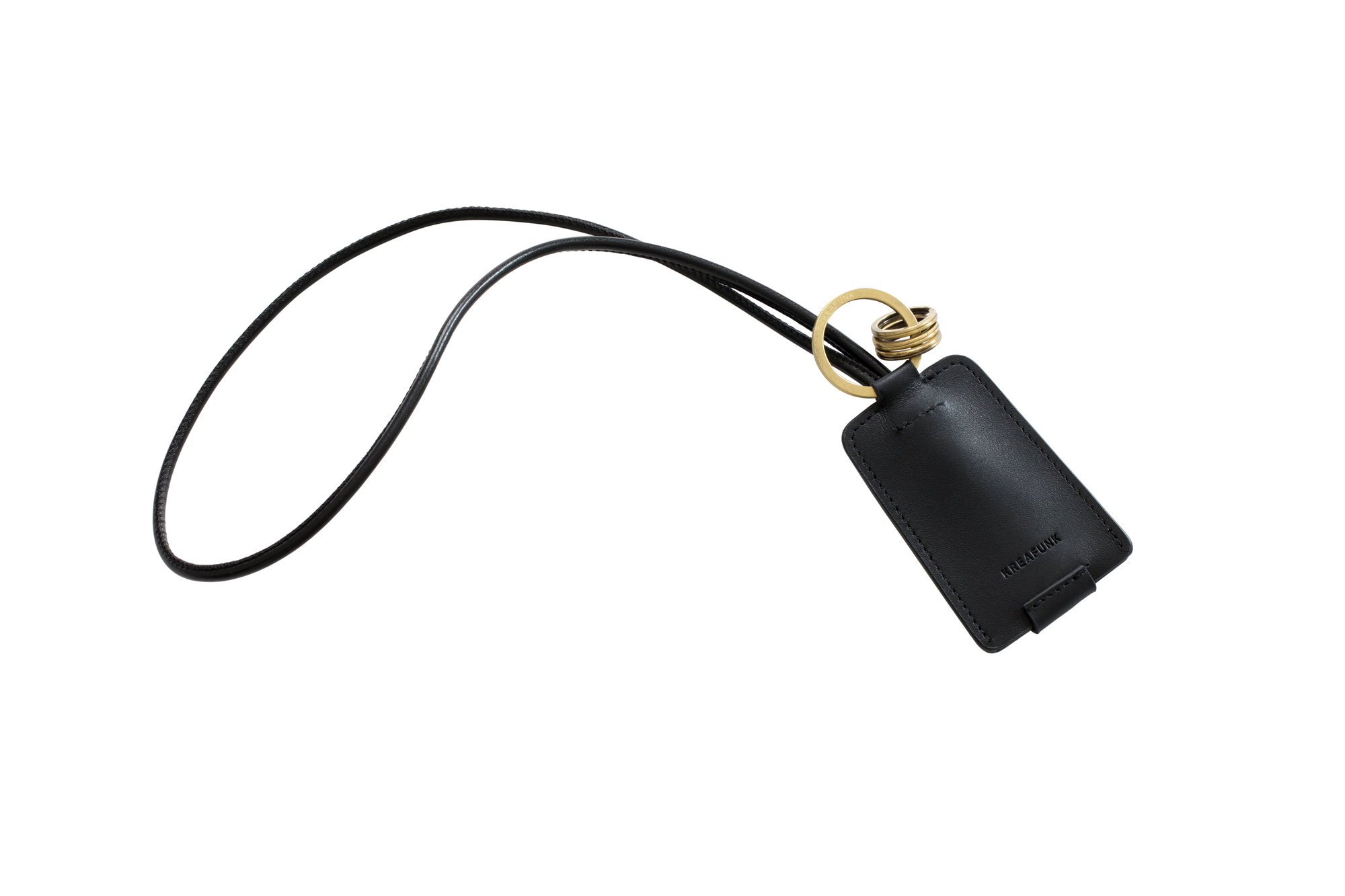 Schwarzer Kreafunk cCHAIN Schlüsselanhänger mit USB-Kabel und goldenem Ring, freigestellt auf weißem Hintergrund.