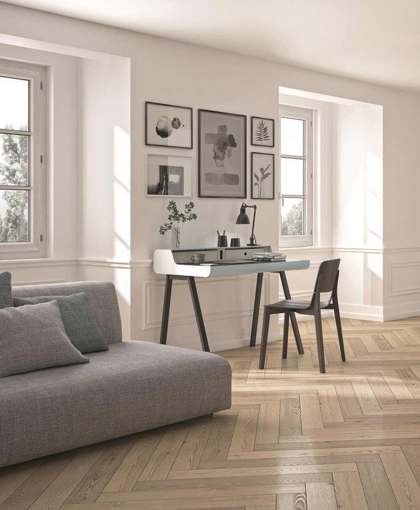 Heller Raum mit PS10 BIG Sekretär von Müller Möbelfabrikation, Schreibtisch mit Stuhl und Dekoration.