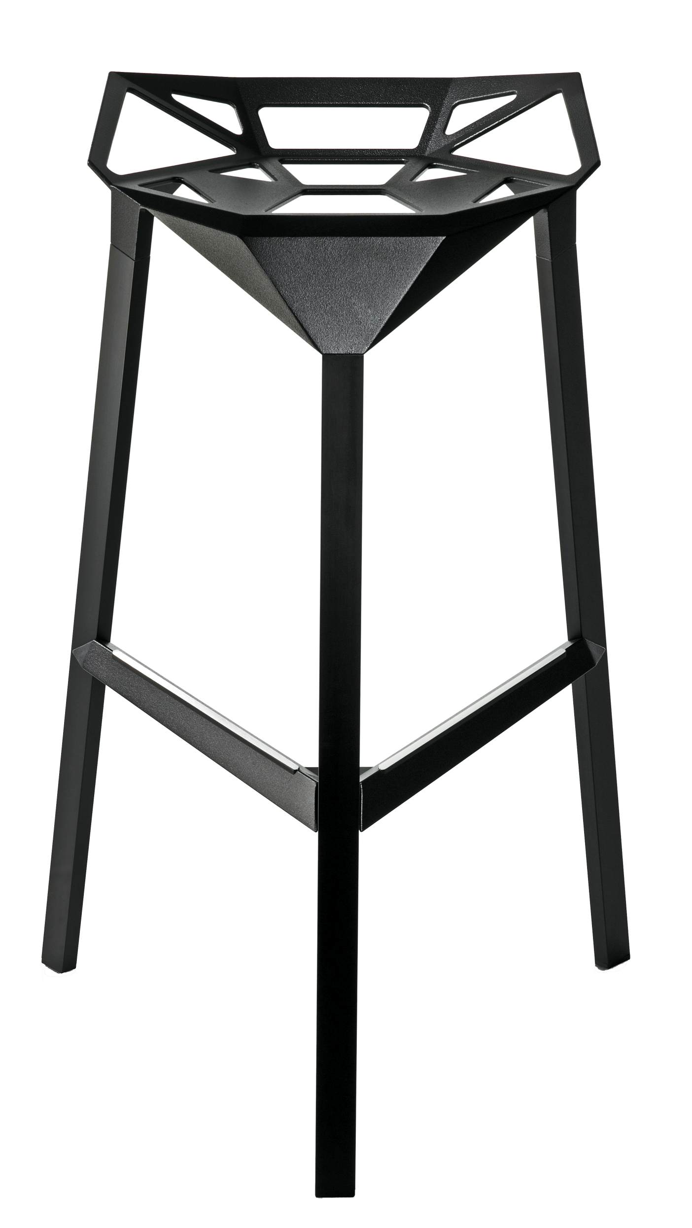 Schwarzer Stool One Barhocker von Magis mit dreibeinigem Gestell und geometrischer Sitzfläche. Moderner Design Barstuhl.
