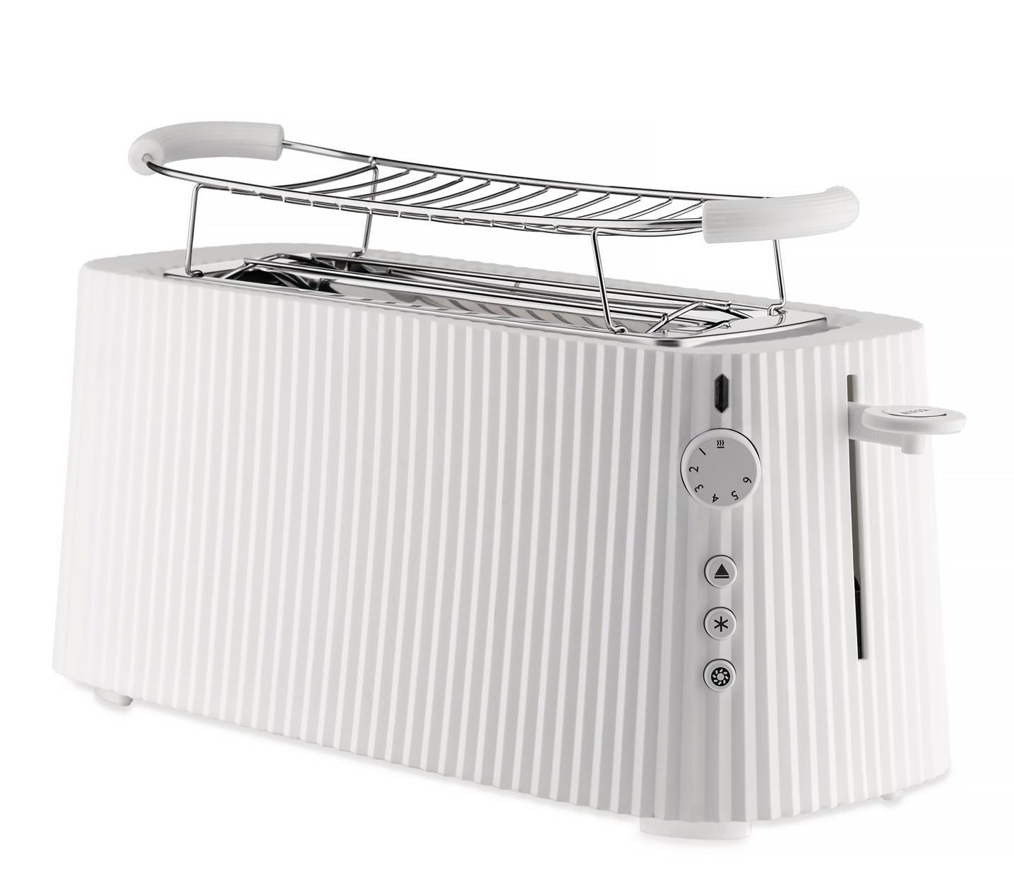 Weißer Alessi Plissé Toaster XXL mit Brötchenaufsatz, modernes Design für die Küche.