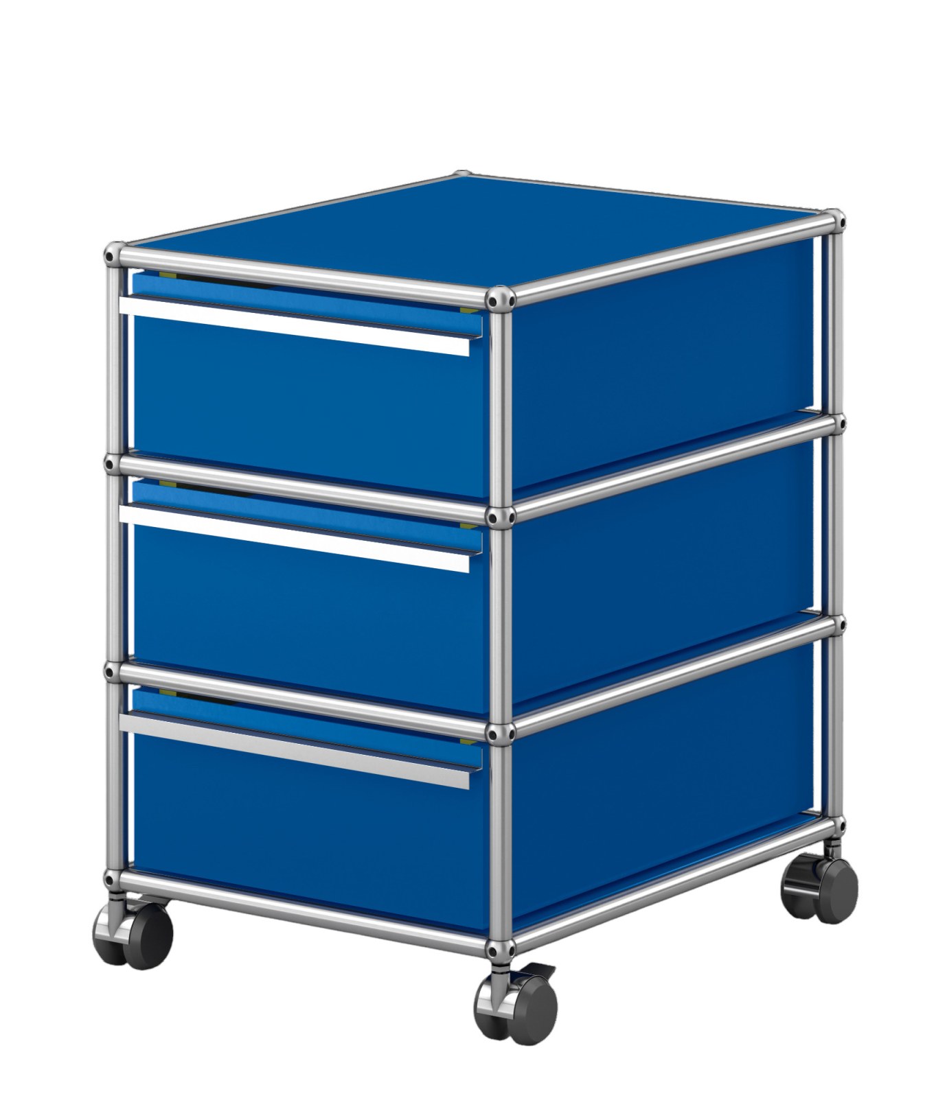 USM Haller Rollcontainer in Enzianblau mit drei Schubladen und verchromtem Gestell auf Rollen.
