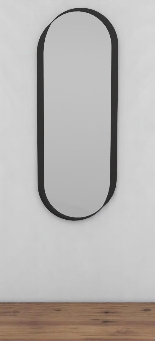 Kimo Wandspiegel von Schönbuch, länglicher Spiegel mit schwarzem Rahmen an einer weißen Wand.