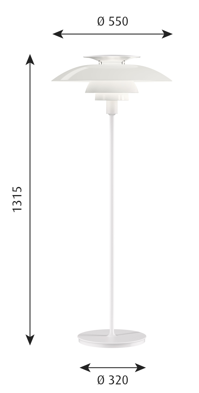 Weiße PH 80 Stehleuchte von Louis Poulsen mit Maßen, Designklassiker für Wohnzimmer und Büro.