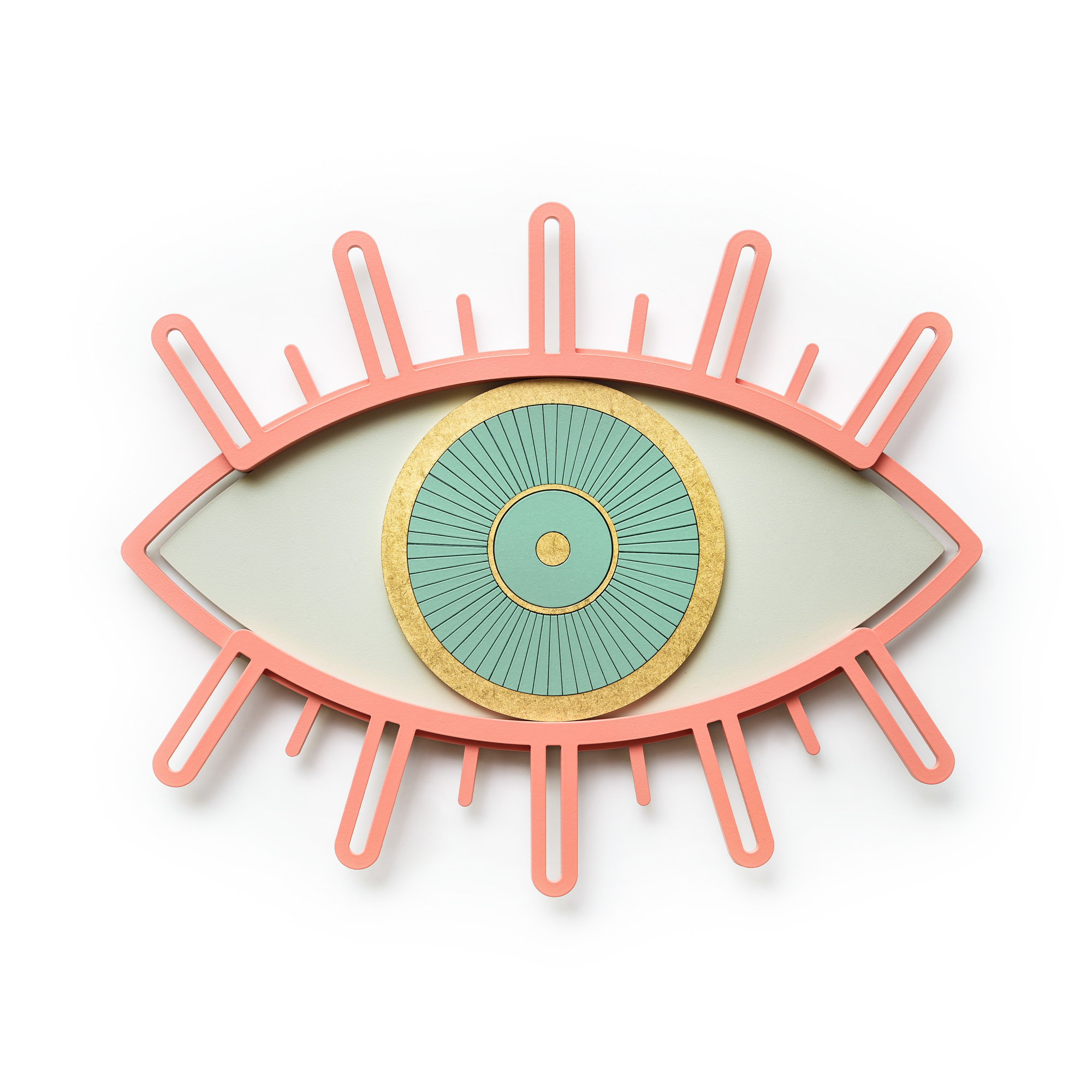 Eye 5 Auge Wandschmuck: Dekorative Wandkunst in Form eines Auges mit Wimpern in Koralle.
