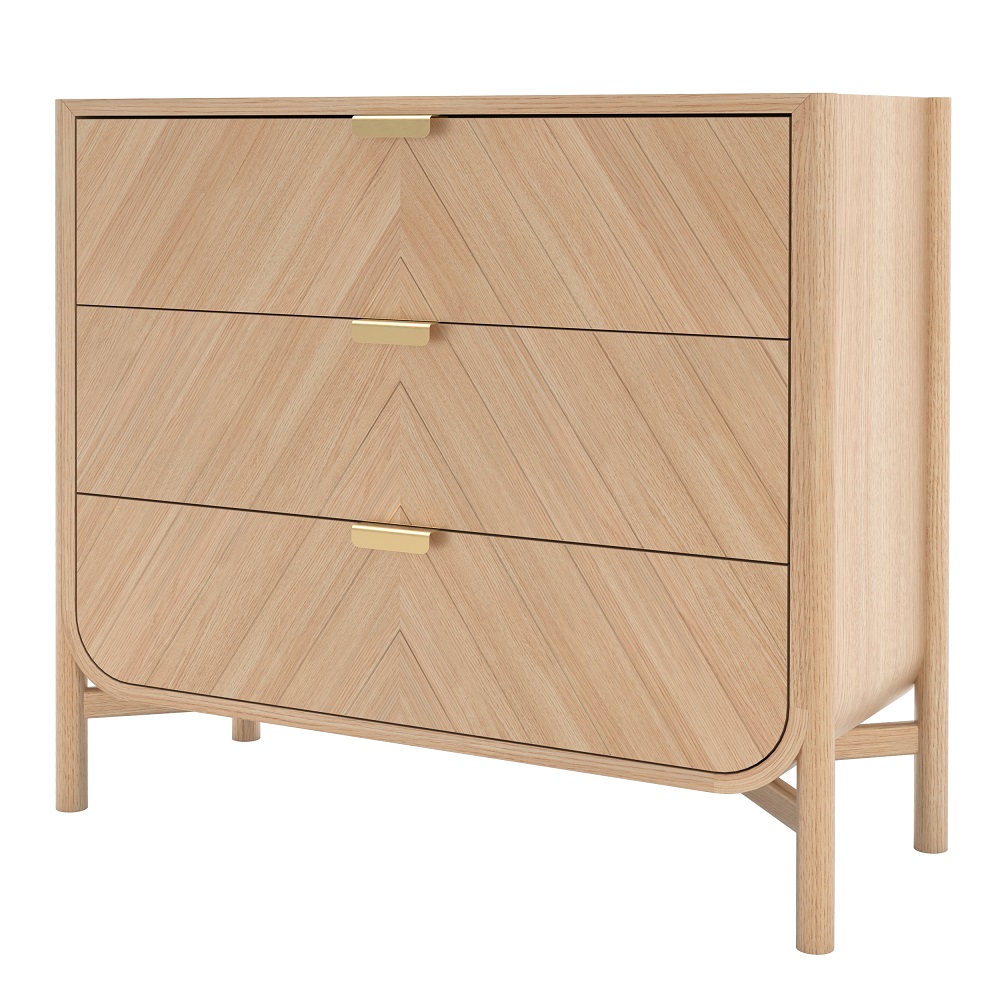 Marius Kommode aus Eiche natur von Hartô mit drei Schubladen und goldenen Griffen.
