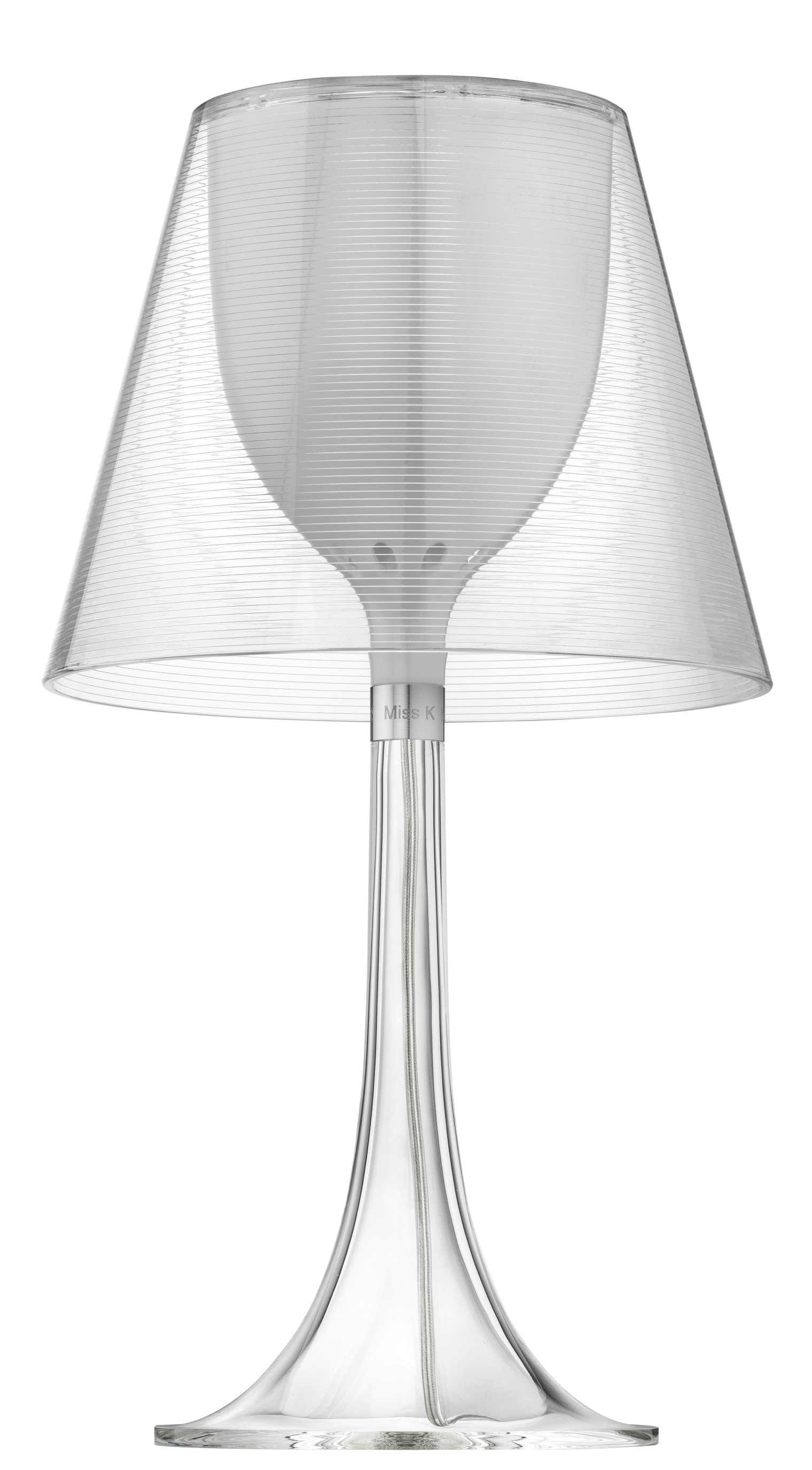 Transparente Miss K Tischleuchte von Flos, modernes Design mit konischem Schirm und schlankem Fuß.