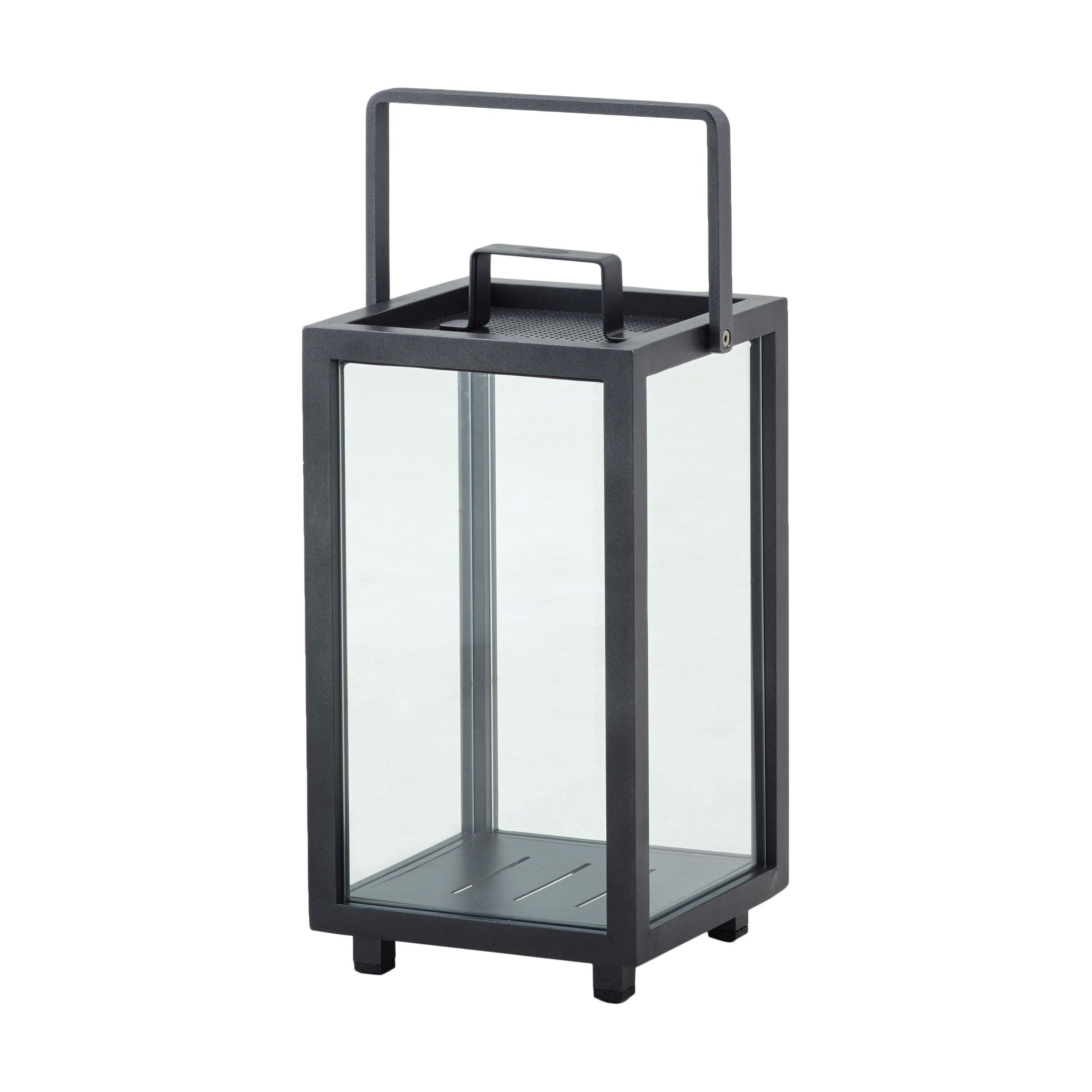 Kleine Cane-Line Lighthouse Laterne aus Aluminium, schwarz, mit Glaswänden und Tragegriff.