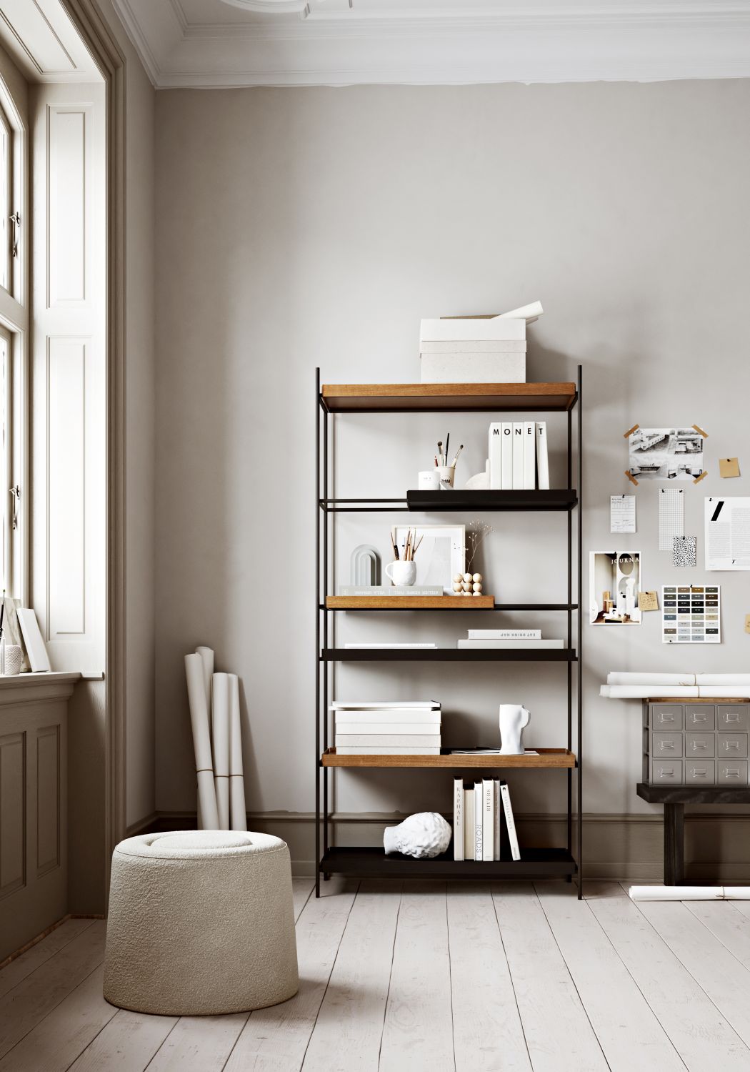 Beiger Praline Hocker Ø52cm von Woud im Interieur, runder Sitzhocker mit Textur.