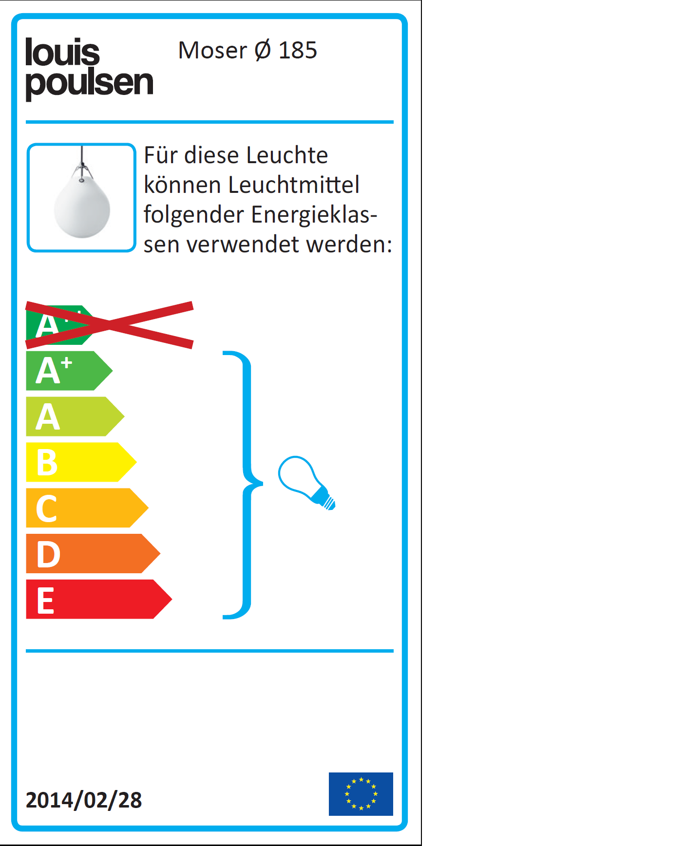 Energieeffizienzlabel für Louis Poulsen Moser Pendelleuchte, zeigt Energieklassen und Leuchtmittel-Informationen.
