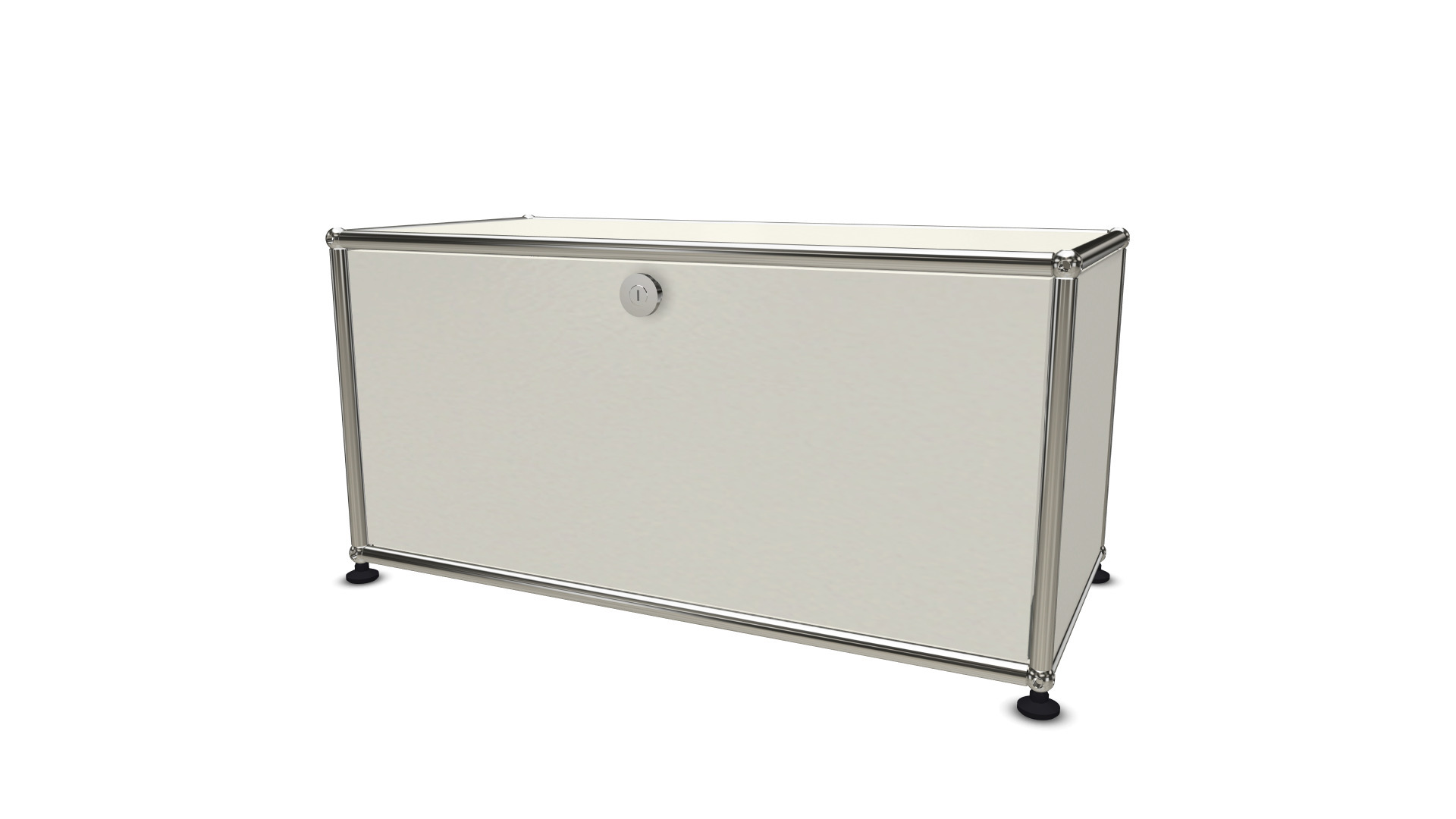 USM Haller Lowboard mit einer abschließbaren Klappe in Weiß und Chrom, modernes Möbeldesign für Wohnzimmer.