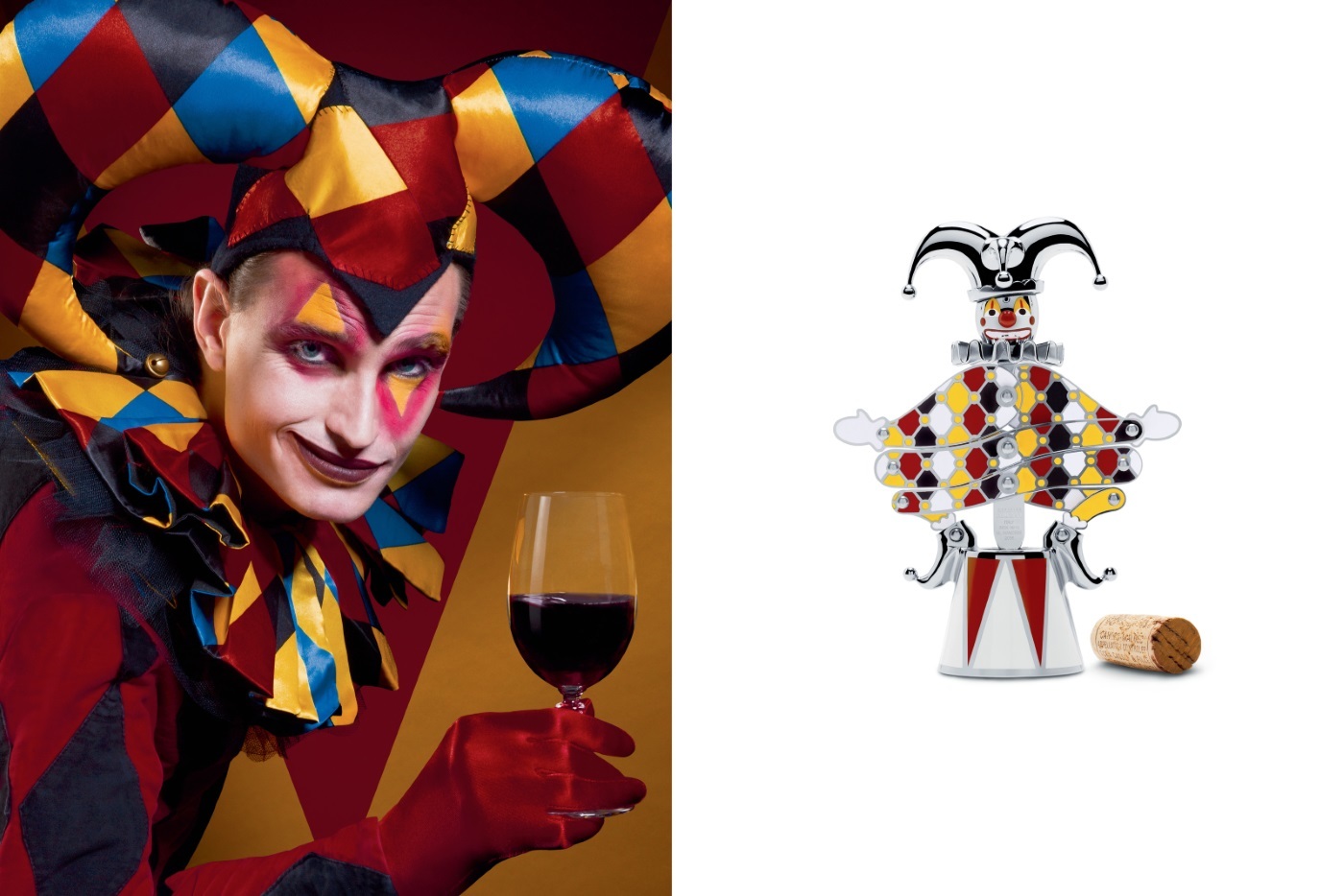 Alessi Circus The Jester Korkenzieher, limitierte Edition. Bunter Design-Korkenzieher in Form eines Clowns.