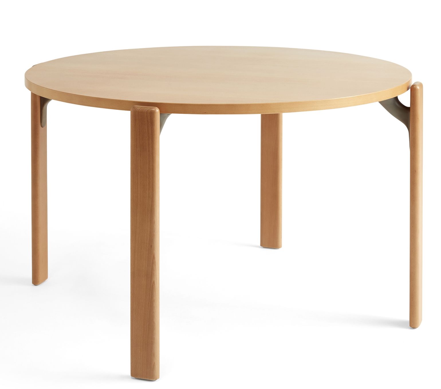Runder, heller Holztisch, Rey Table von Hay, mit minimalistischem Design und drei Beinen.