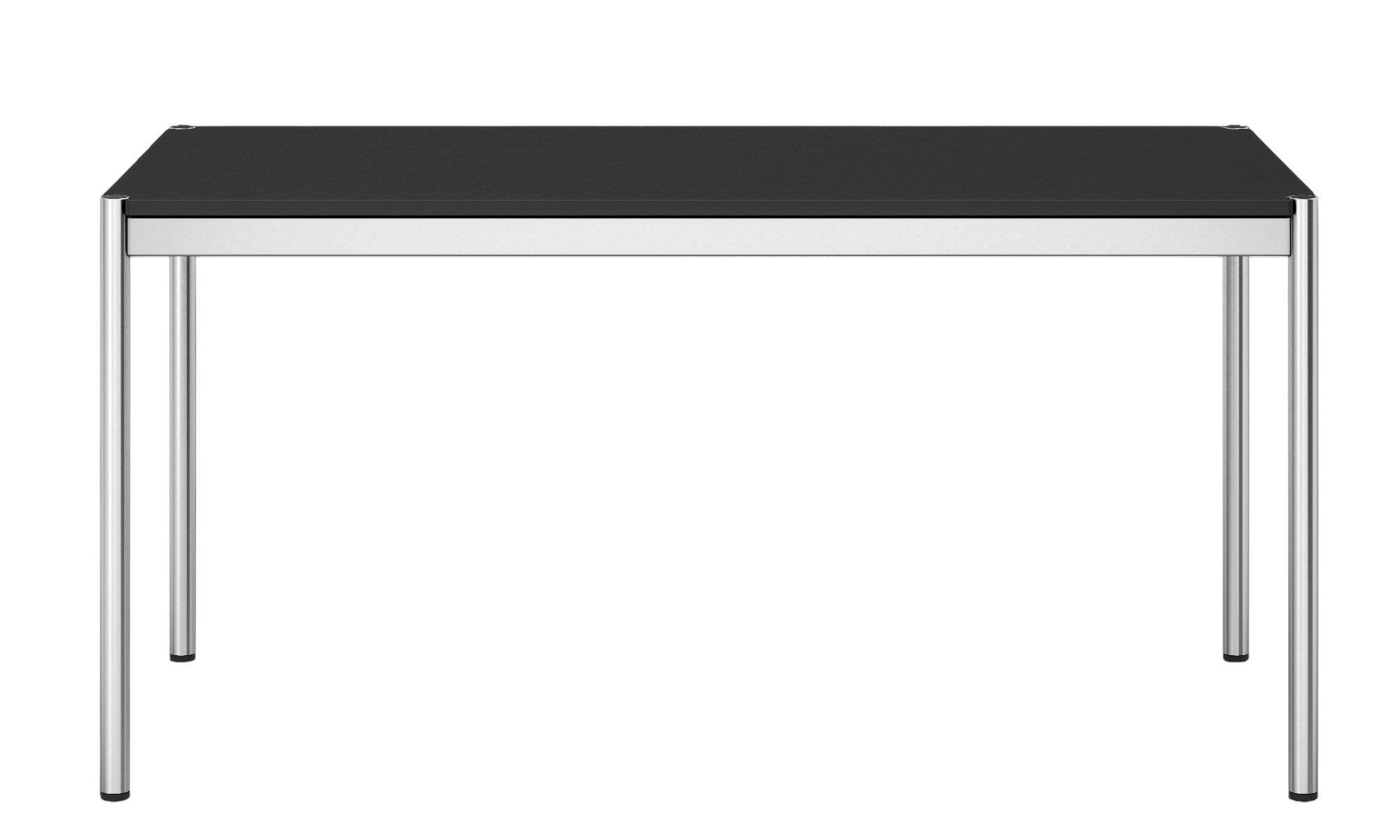 USM Haller Tisch mit schwarzer Linoleum Tischplatte und verchromtem Gestell, modernes Design für Büro und Zuhause.