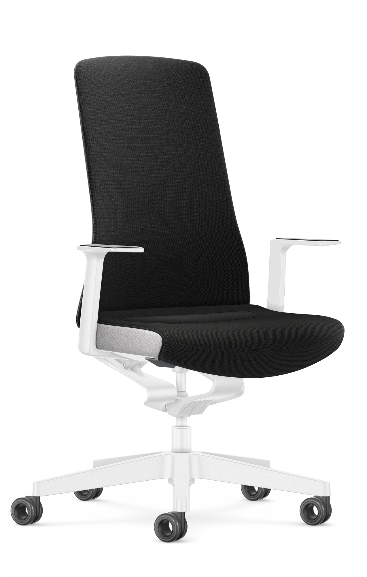 Schwarzer Interstuhl Bürodrehstuhl mit weißem Gestell. Ergonomischer Drehstuhl für das Büro.