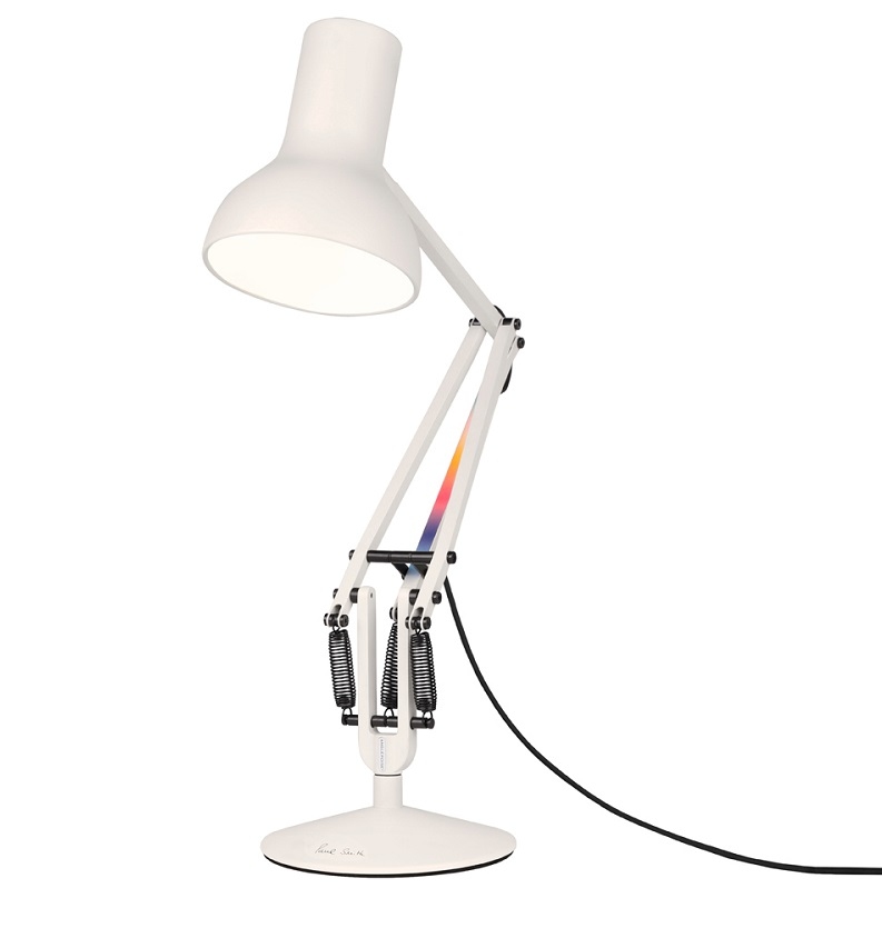 Weiße Anglepoise Type 75 Mini Paul Smith Edition Tischleuchte mit verstellbarem Arm und Schirm.