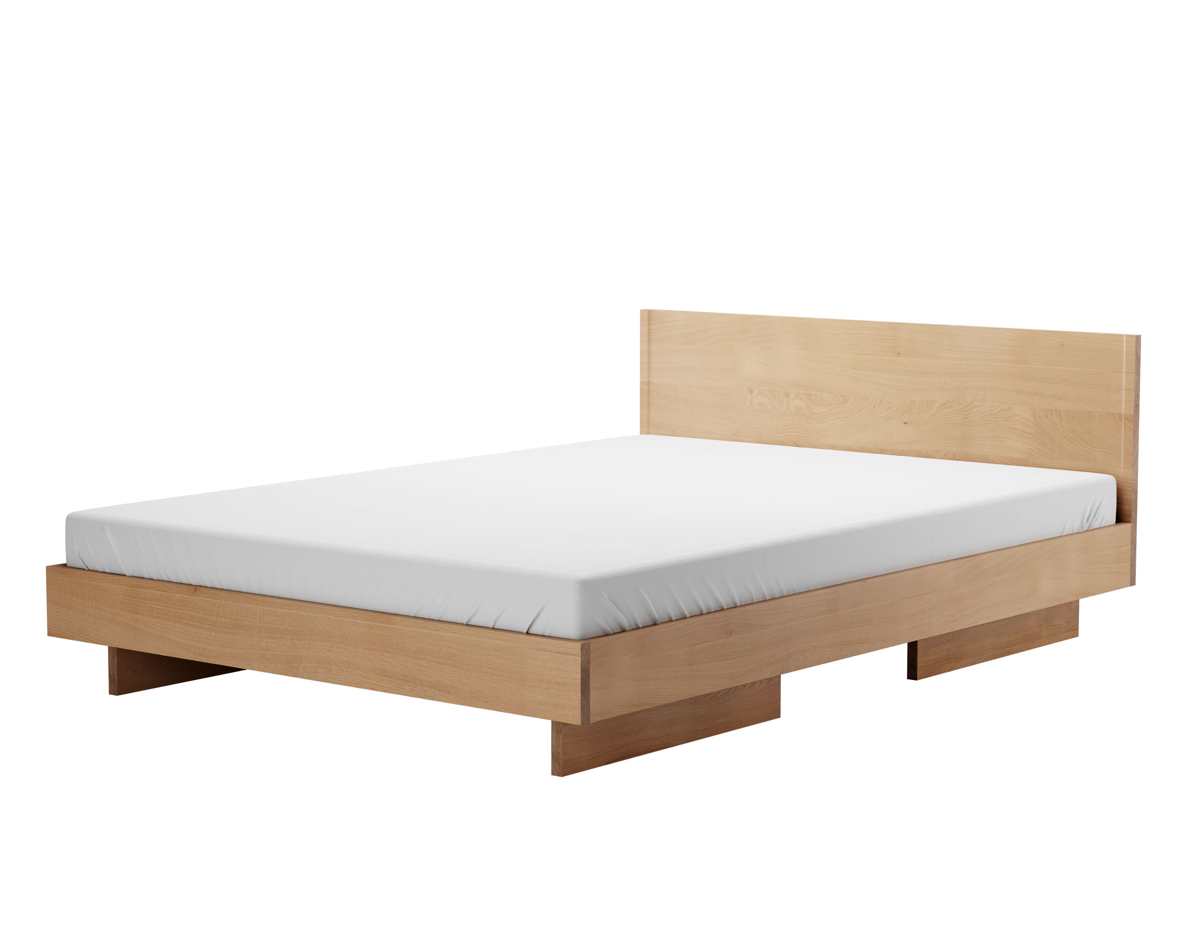 ZIANS Bett Large mit Kopfteil aus Eiche gewachst und weißer Bettwäsche im Schlafzimmer.