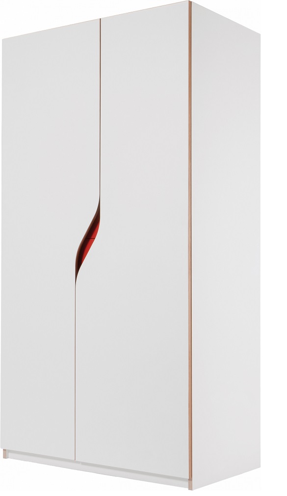 Weißer Plane Kleiderschrank von Müller Möbelwerkstätten mit zwei Türen und rotem Akzent.