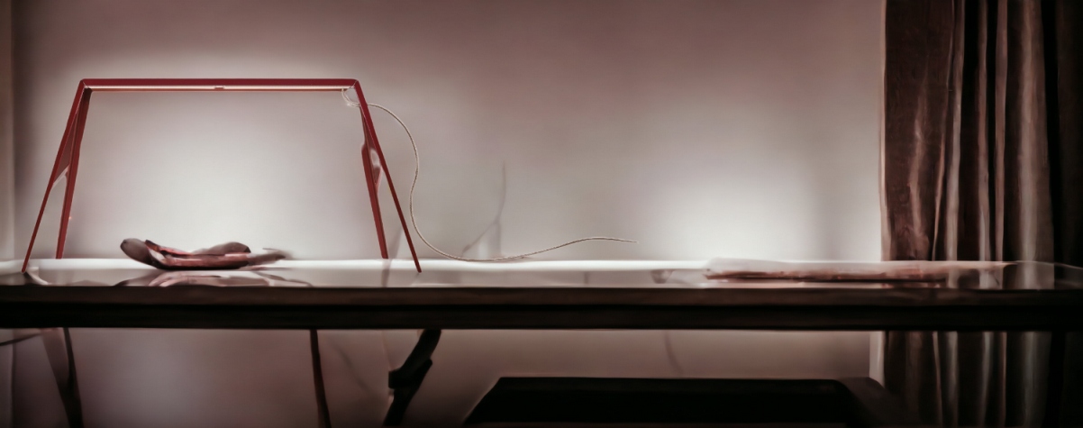 Rote Foscarini Bridge Tischleuchte auf Tisch, modernes Design für Wohnzimmer und Büro.