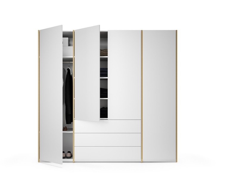 Weißer MODULAR PLUS Schrank von Müller Möbelwerkstätten mit offenen Türen und Schubladen. Kleiderschrank mit Stauraum.