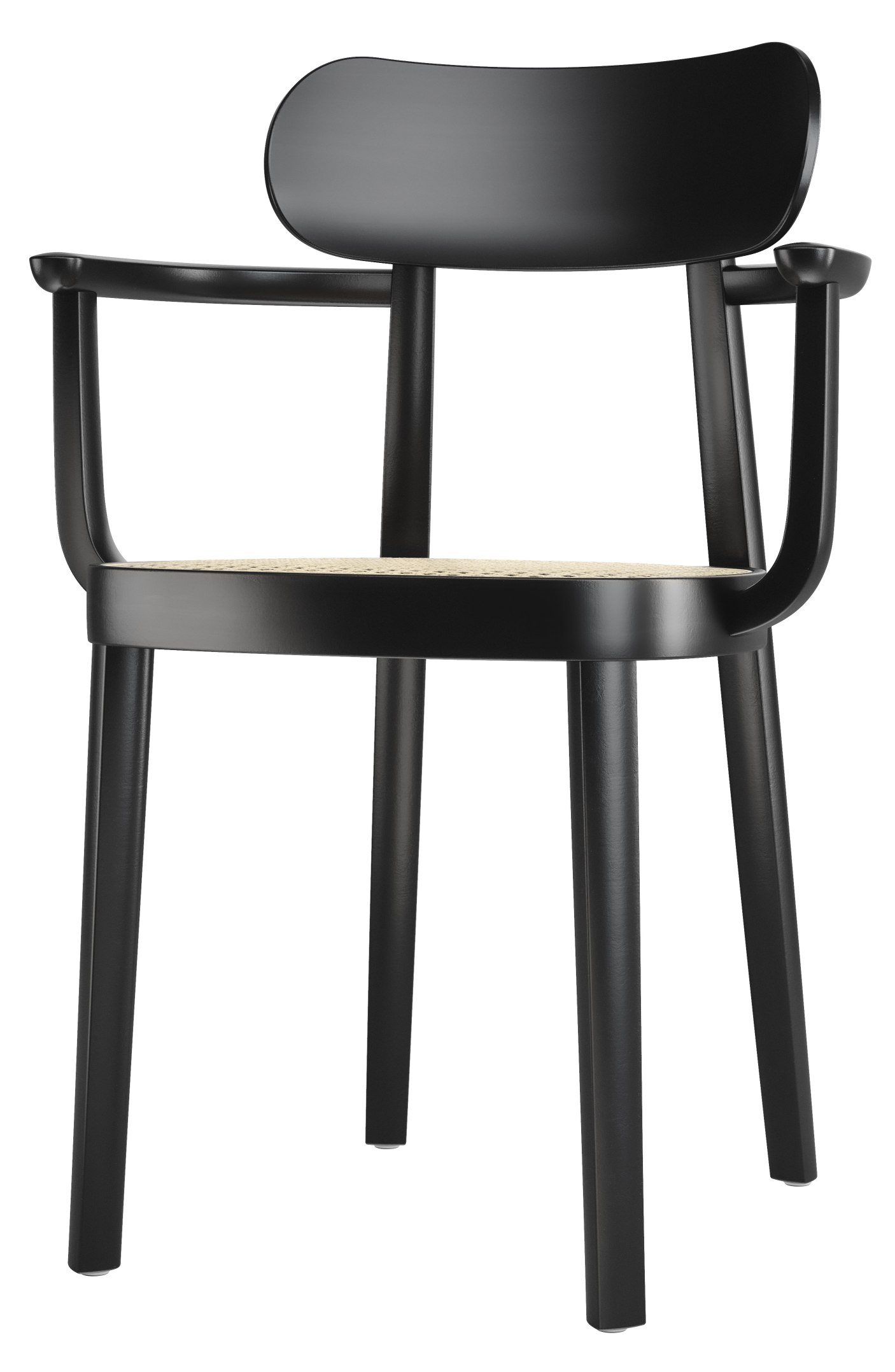 Schwarzer Holzstuhl mit Armlehnen und Wiener Geflecht Sitzfläche, Modell 118 F Thonet.