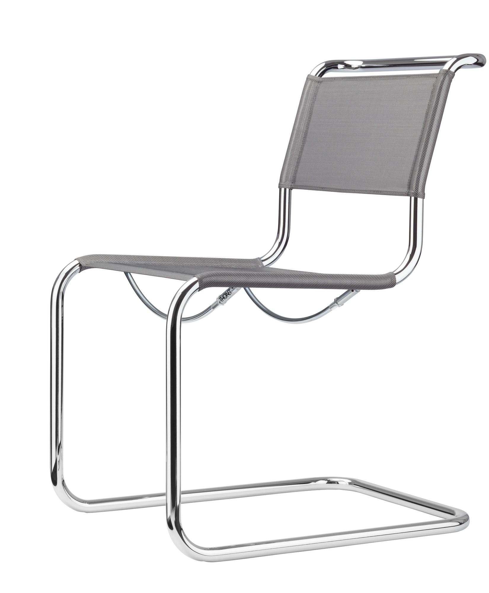 S 33 N Freischwinger von Thonet mit grauem Netzgewebe und verchromtem Stahlrohrgestell, seitliche Ansicht.