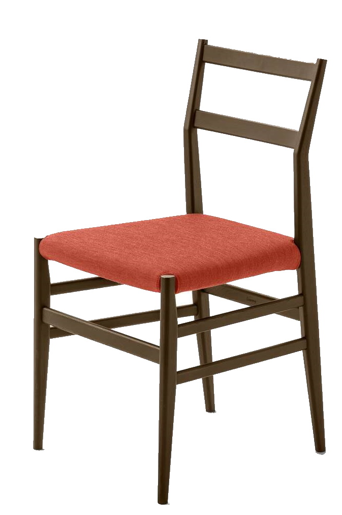 Cassina Leggera Stuhl 646: Holzstuhl mit roter Sitzfläche, Designklassiker für Esszimmer und Wohnbereich.