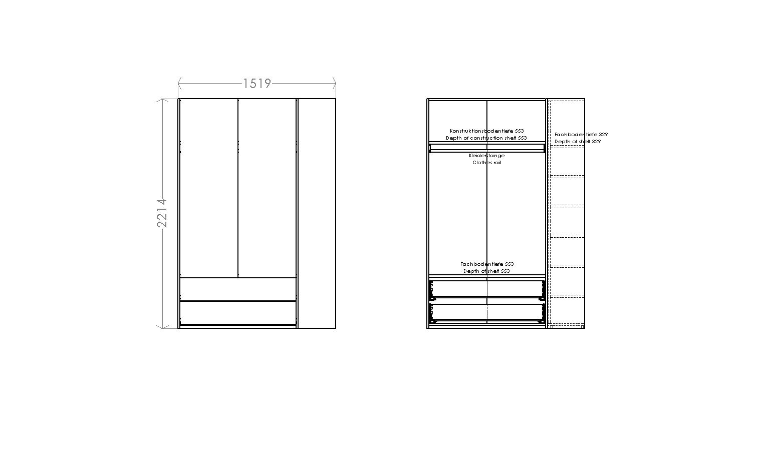 Technische Zeichnung: MODULAR PLUS Schrank Kombination mit Regalelement, Maße und Details.