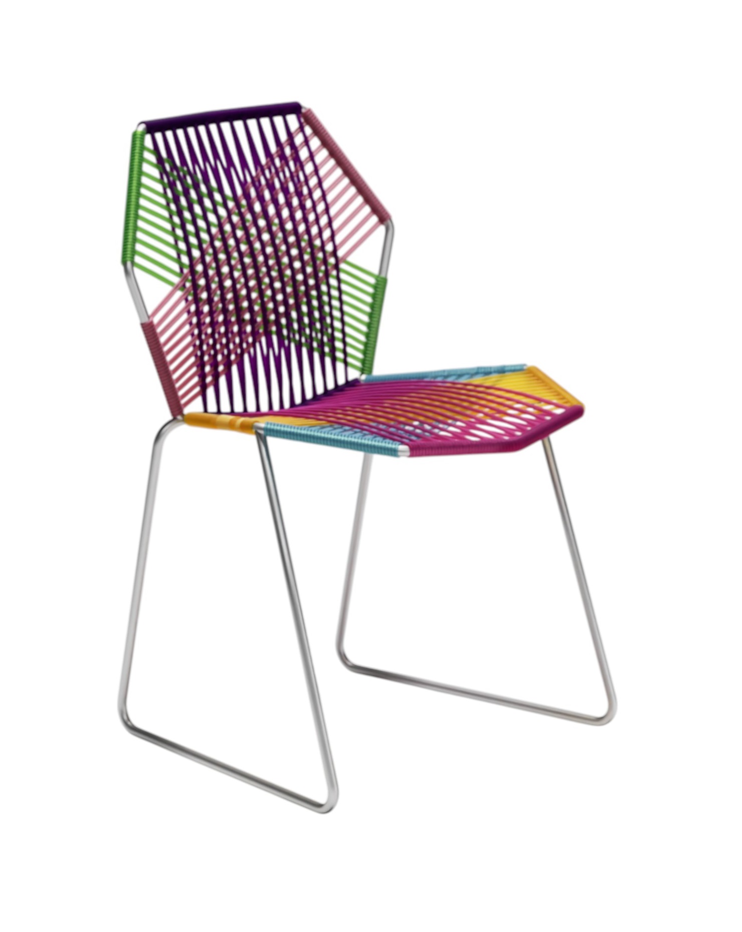Tropicalia TR0 Stuhl für den Außenbereich von Moroso, Polymer-Design mit buntem, gewebtem Sitz und Rückenlehne.