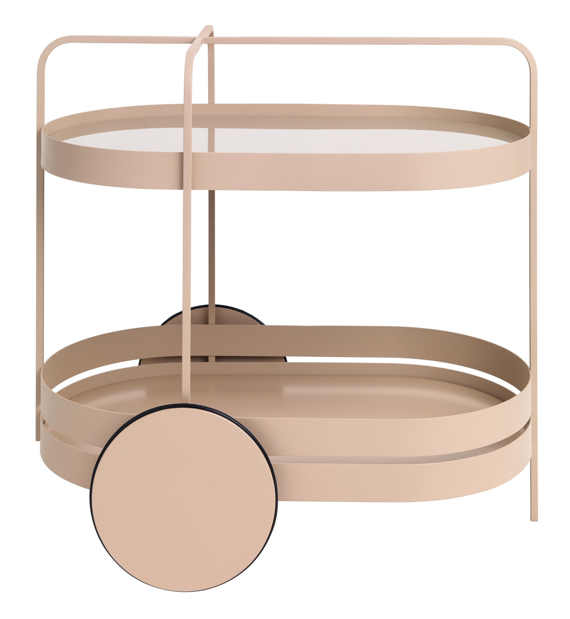 Grace Servierwagen von Schönbuch in Rosenholz: Eleganter Barwagen mit zwei Ablageflächen und Rollen.