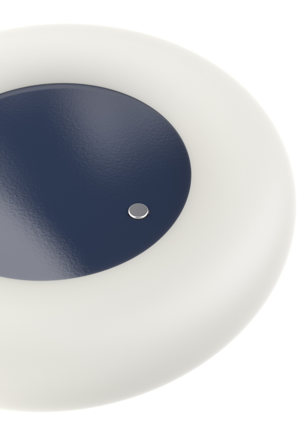 Detailaufnahme der Belux Oto Stehleuchte mit rundem, tiefblauem Fuß und warmweißem Licht.