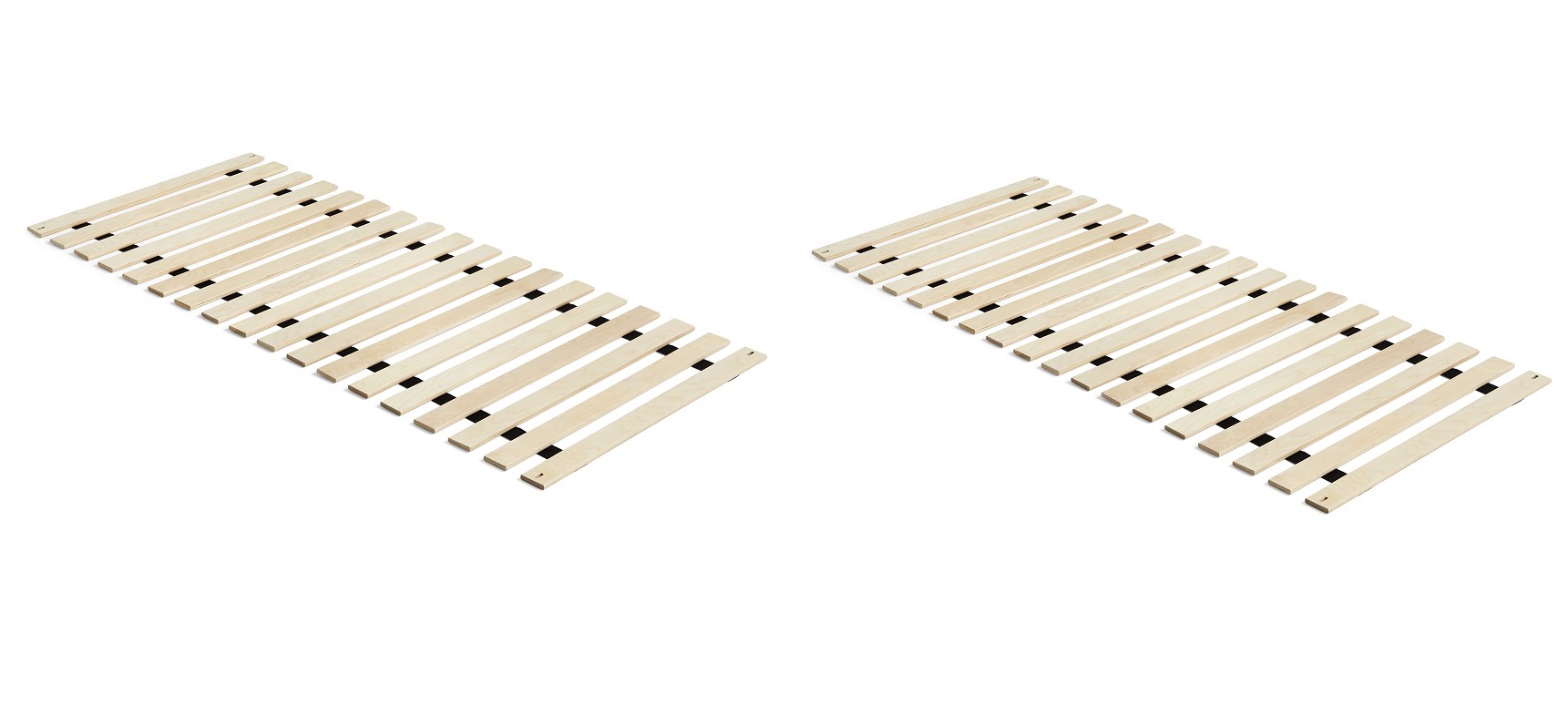 Zwei Standard Lattenroste für Betten, helle Holzlatten mit schwarzen Halterungen.