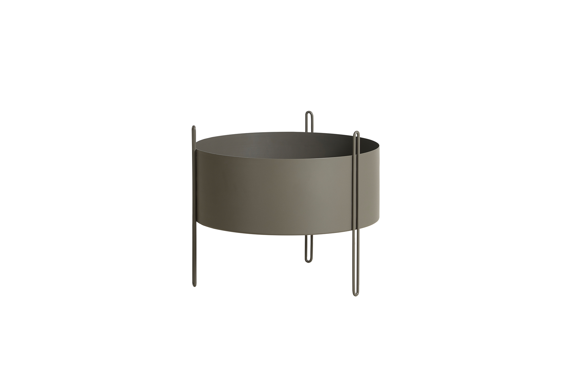 Pidestall Pflanzgefäß Medium Taupe von Woud: Runder, taupefarbener Blumentopf mit filigranem Metallgestell.