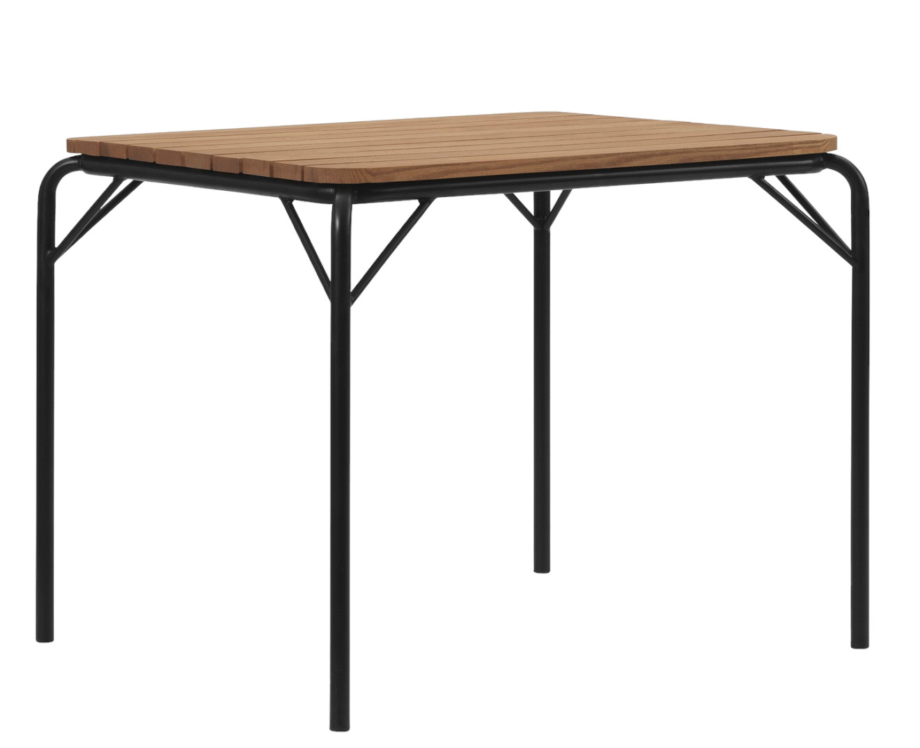 Normann Copenhagen Vig Table 90x90 cm für den Außenbereich mit Holzplatte und schwarzem Metallgestell.